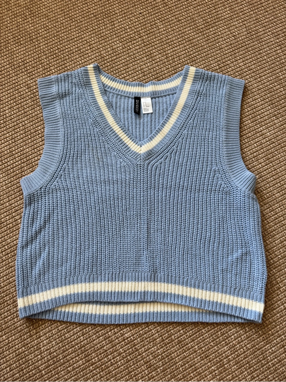 H&M Light Blue Knit V-Neck Sweater Vest with Cream Stripe